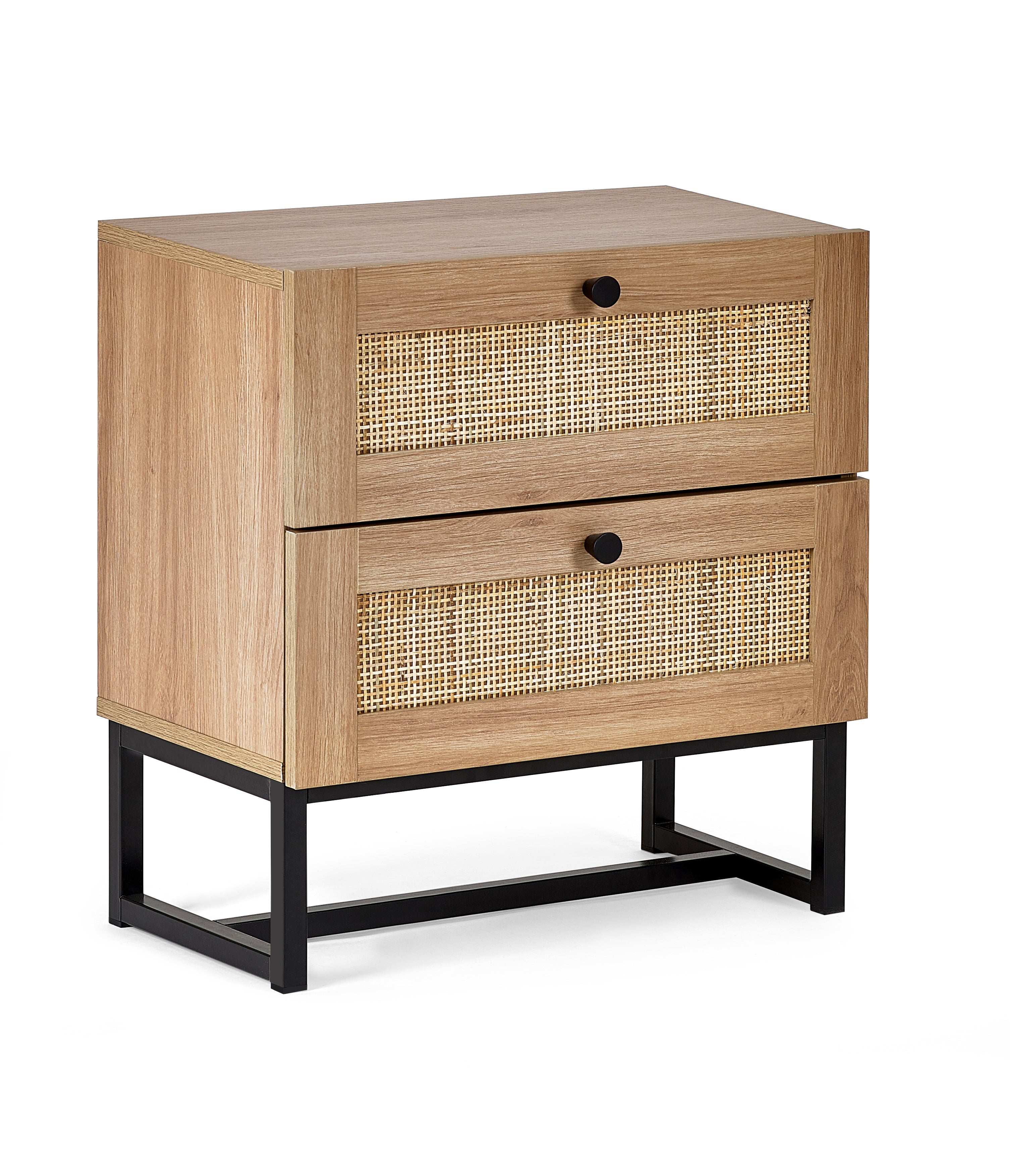 Clermont Oak Wood & Rattan Bedside Table | 2 Drawers